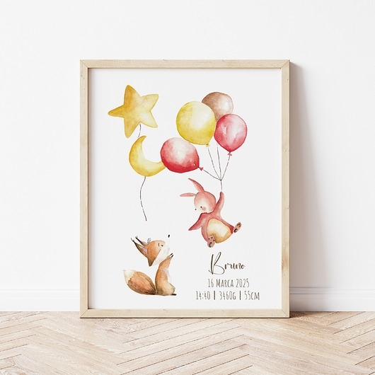 Image of Pakamera Plakat metryczka z leśnymi zwierzątkami, obrazek do pokoju dziecka