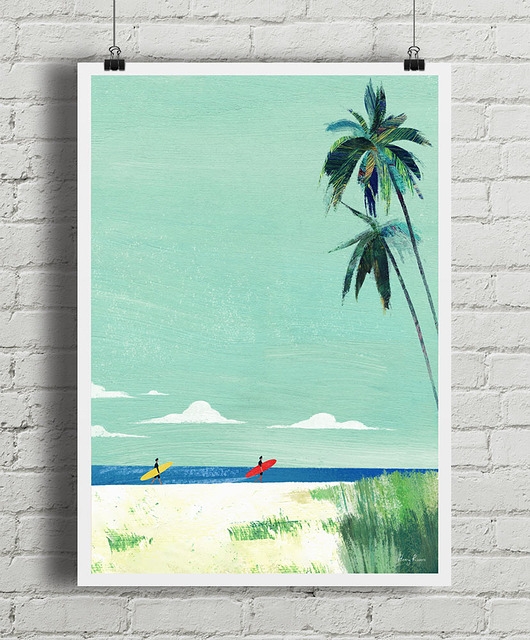 Image of Pakamera Plakat Plaża surferów - wakacje pod palmami