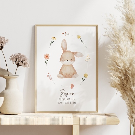 Image of Pakamera Plakat metryczka z pszczółką i kwiatami, obrazek z imieniem dziecka
