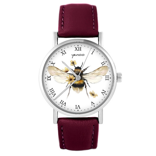 Image of Pakamera Zegarek - Bee natural - skórzany, burgund