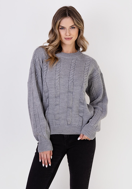 Image of Oryginalny sweter w warkoczowe wzory - SWE323 szary MKM