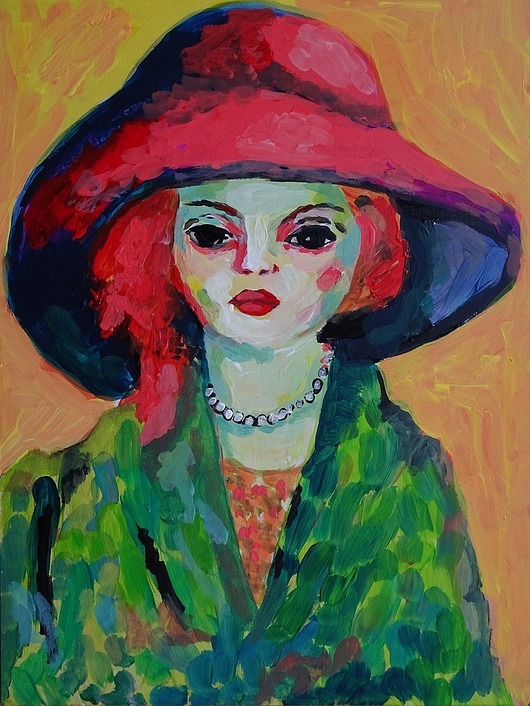 Image of Kolorowy obraz do salonu kobieta w kapeluszu