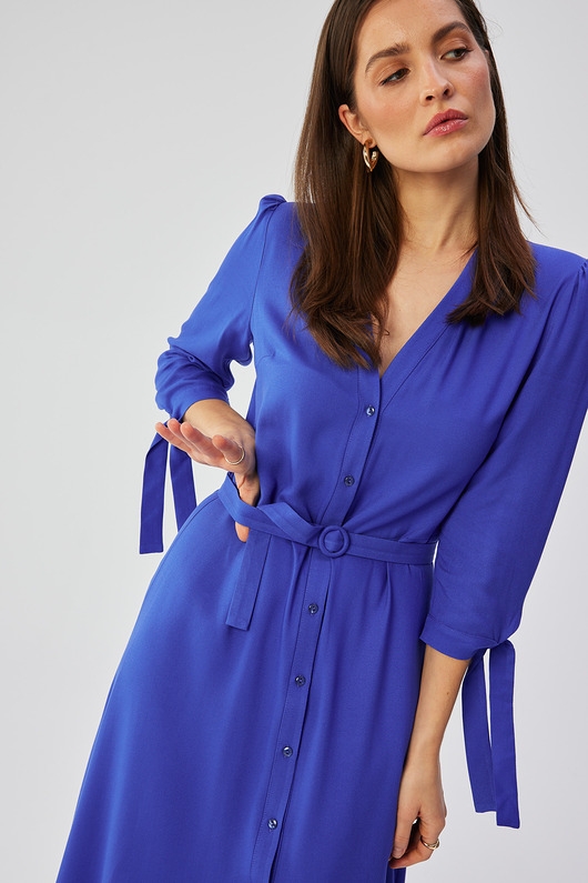 Image of Sukienka midi z wiązanymi mankietami - niebieska(S-365)