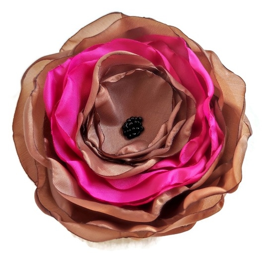 Image of Duża brązowo różowa broszka 12cm kwiat kwiatek