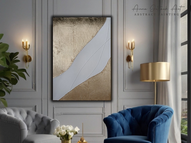 Image of Pakamera ZŁOTO Abstrakcyjny obraz strukturalny ze złotem, ręcznie malowany, 70x50 cm