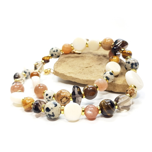 Image of Pakamera Choker kamień słoneczny, tygrysie oko, koral, jaspis pejzażowy, kwarc dymny