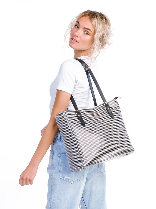 Image of Pakamera Skórzany Shopper - czarno-biała pepitka (7066)