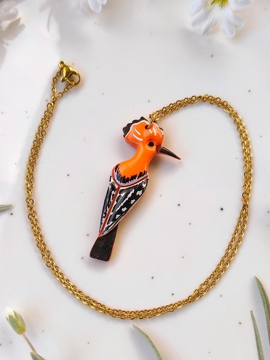 Image of Pakamera Naszyjnik dudek, amulet z dudkiem, zawieszka w kształcie ptaka, boho