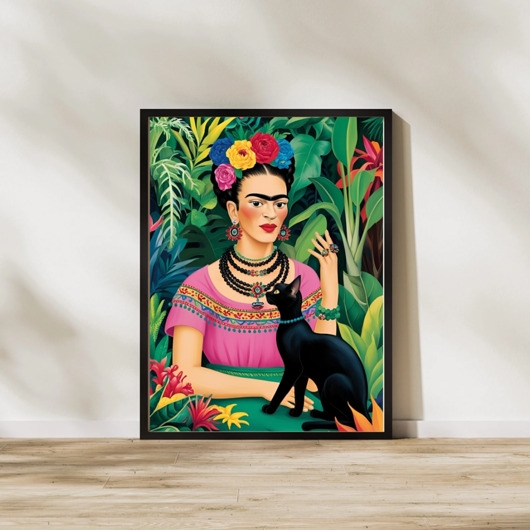 Image of Pakamera PLAKAT Frida Kahlo z kotem, zabawny prezent dla kociary