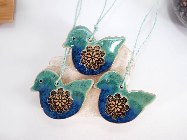 Image of Pakamera Turkusowe sikorki - ceramiczne ozdoby na ścianę