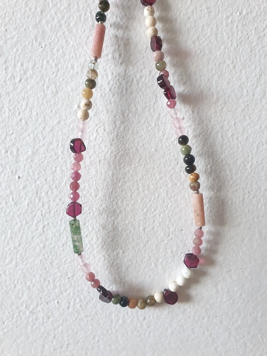Image of Pakamera Naszyjnik choker BOHO ART granat, turmalin, kwarc różowy