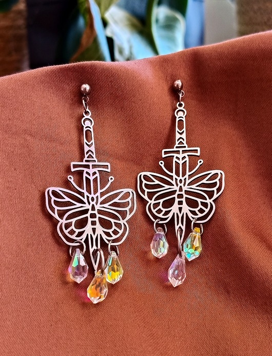 Image of Pakamera Kolczyki motyle z kryształami, motyl, miecz, błyszczące kolczyki, boho