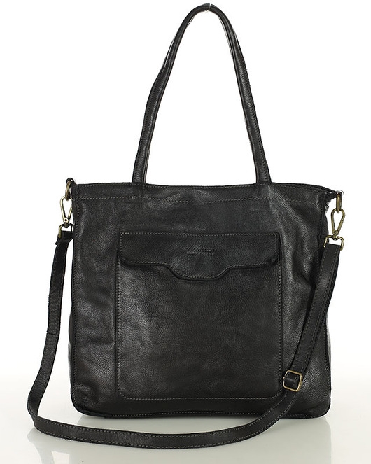 Image of Pakamera Torba shopper czarna z kieszeniami skóra naturalna