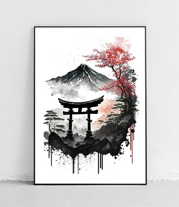 Image of Pakamera Plakat Góra Fuji z czerwoną wiśnią i Torii