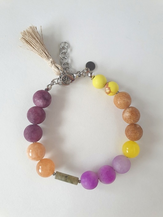Image of Pakamera Bransoletka BOHO ART jadeit, jaspis, labradoryt, fiolet, żółty, beż
