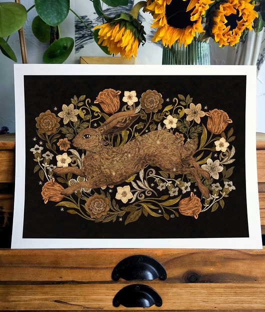 Image of Pakamera Zając i dzikie kwiaty, plakat botaniczny, plakat autorski, ilustracja
