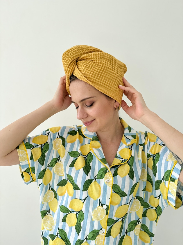 Image of Pakamera Bawełniany turban do suszenia włosów musztarda