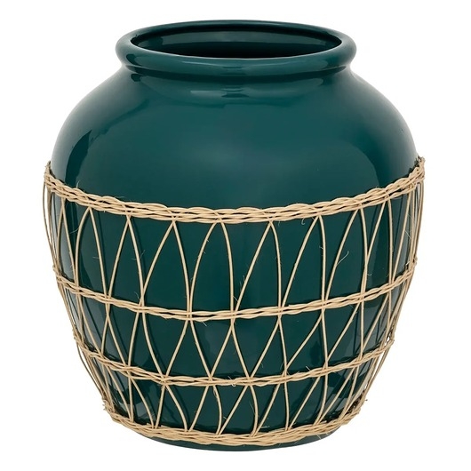 Image of Pakamera Wazon z dolomitu petrol z rattanem 33,5 cm