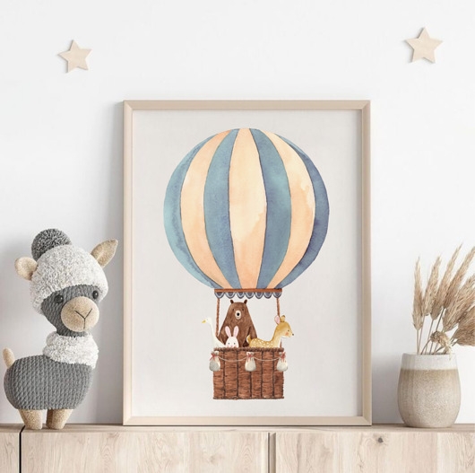 Image of PLAKAT pokój dziecka, Zwierzęta w balonie ilustracja akwarela