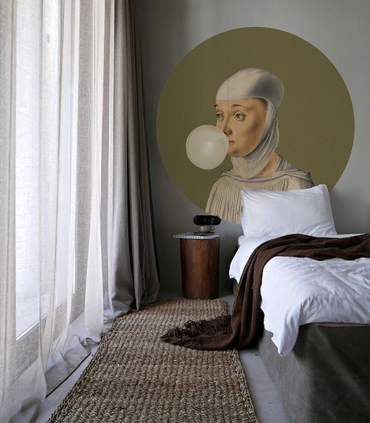 Image of Dots Woman With Bubble Gum Olive - samoprzylepna tapeta w kształcie koła