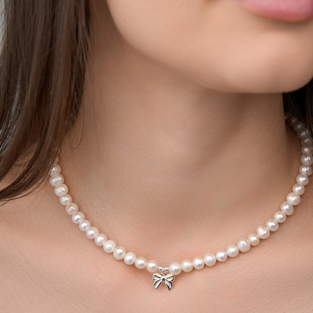 Image of Pakamera Choker naszyjnik perły naturalne kokardka- srebro 925