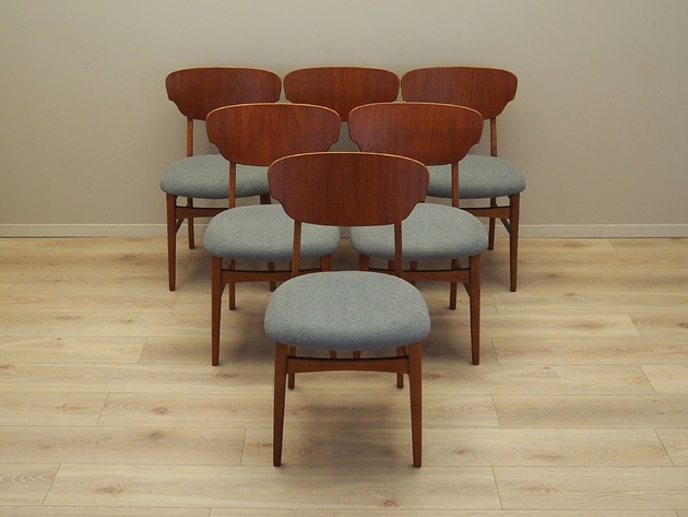 Image of Pakamera Komplet sześciu krzeseł tekowych, duński design, lata 70, produkcja: Dania