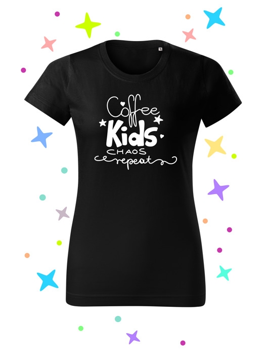 Image of T-shirt Czarna koszulka z napisem Coffee Kids Chaos Repeat Folia Flex