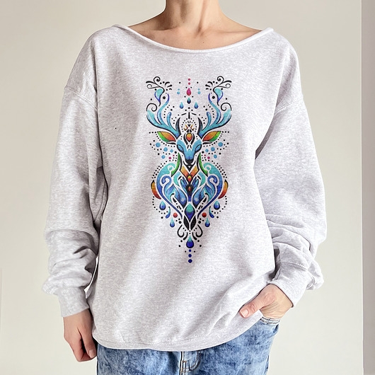 Image of Pakamera Jeleń boho nordycki Szara bluza cięta