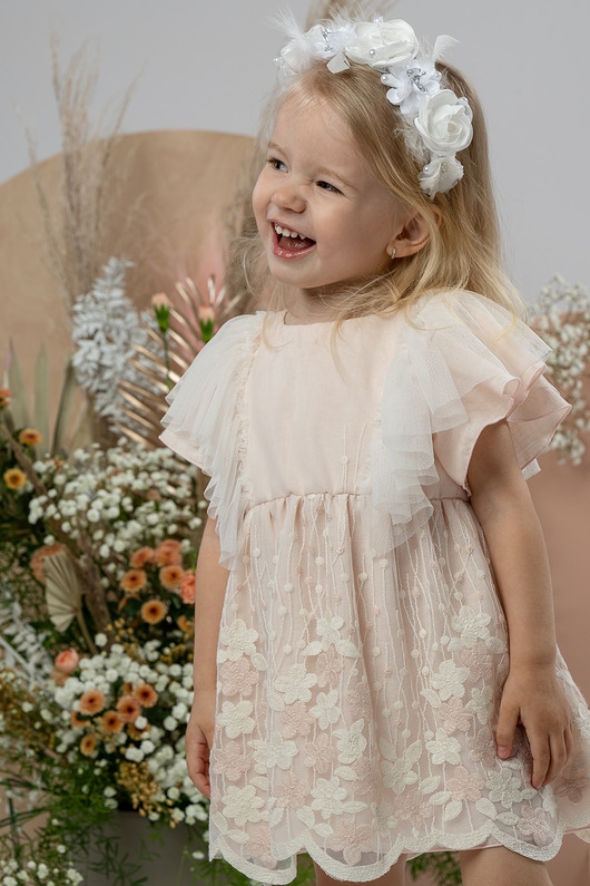 Image of Pakamera Sukienka z haftowanym tiulem MARIANNE organic morela