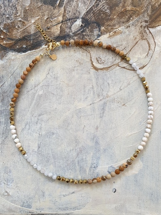 Image of Pakamera Naszyjnik choker NEO jaspis obrazkowy, kamień księżycowy, howlit,