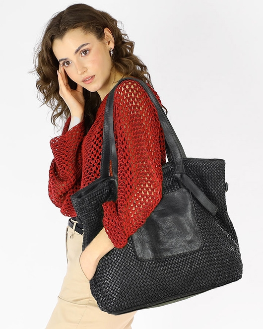 Image of Torebka pleciona damska skórzany shopper bag -czarna