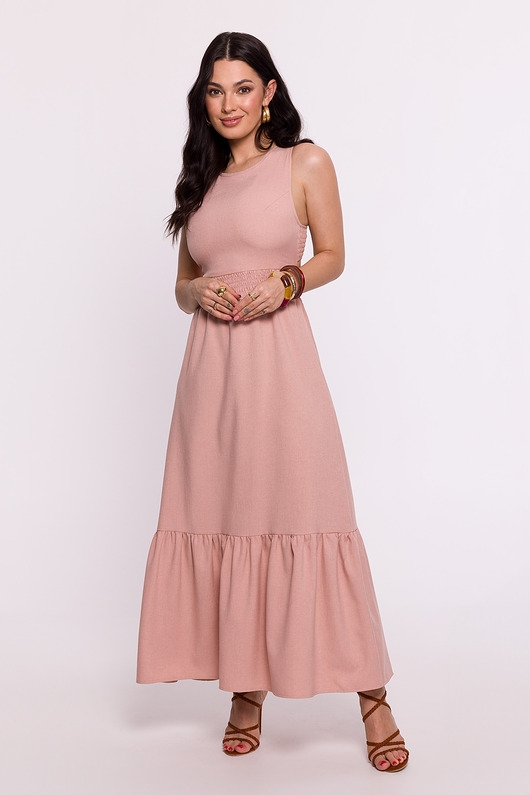 Image of Sukienka z gumowanym paskiem i wiązaniem na plecach - różowa(B-281)