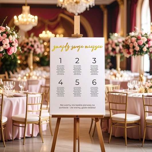 Image of Pakamera Tablica plan układ stołów weselnych Rozmieszczenie gości Złote napisy plexi