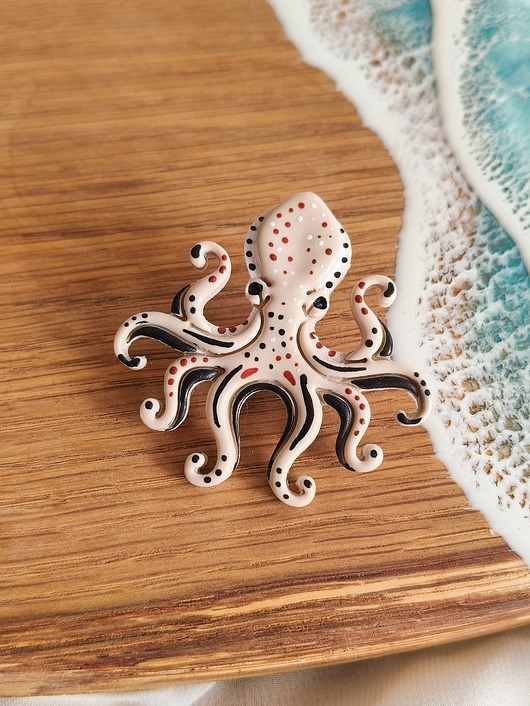Image of Pakamera Pin z ośmiornicą, broszka w kształcie ośmiornicy, morskie zwierzęta, boho