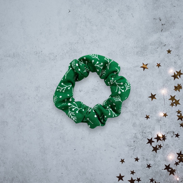 Image of Scrunchie gumka frotka wąska - świąteczna gałązki zielona