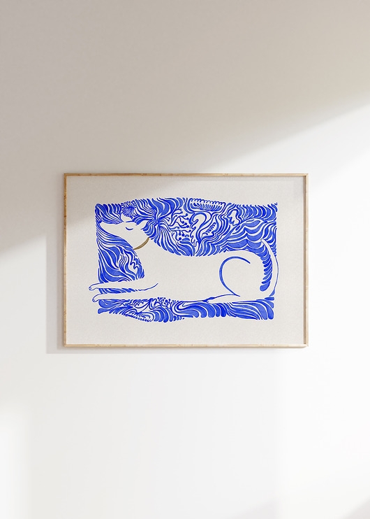 Image of Pakamera Dog on a blanket, grafika z psem, kobaltowy pies