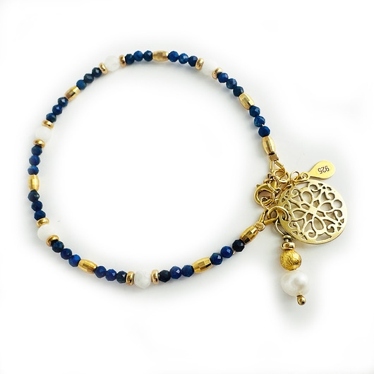 Image of Pakamera Bransoletka z lapis lazuli , granatowa bransoleta z perłą i rozetą