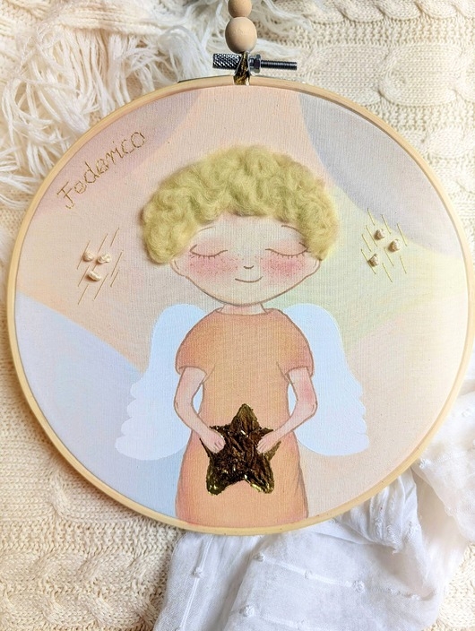 Image of Pakamera Pastelowy obrazek z aniołkiem, personalizowana pamiątka dla dziecka