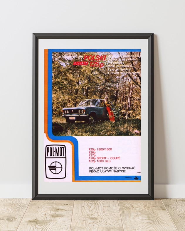 Image of Pakamera Plakat Oprawiona reklama POLMOT z Fiatem 125 p z 1974 r