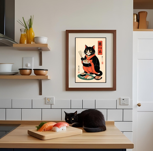 Image of Pakamera PLAKAT z kotem z sushi, prezent dla kociary, japońska ilustracja