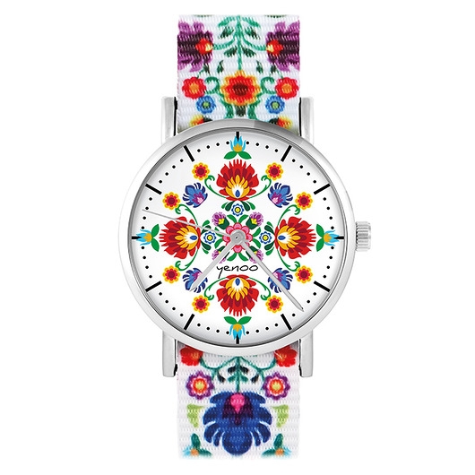 Image of Pakamera Zegarek - Folkowa mandala - folk biały, nato