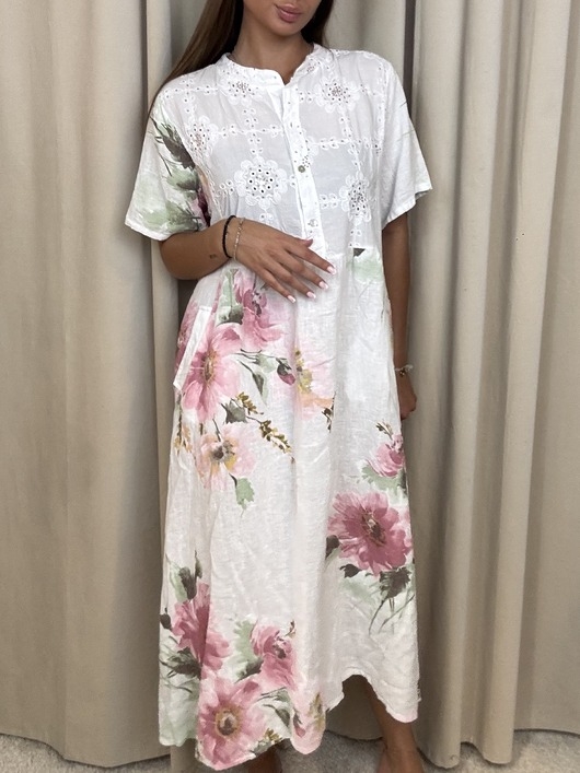 Image of Pakamera Lniana sukienka w kwiaty Bianco