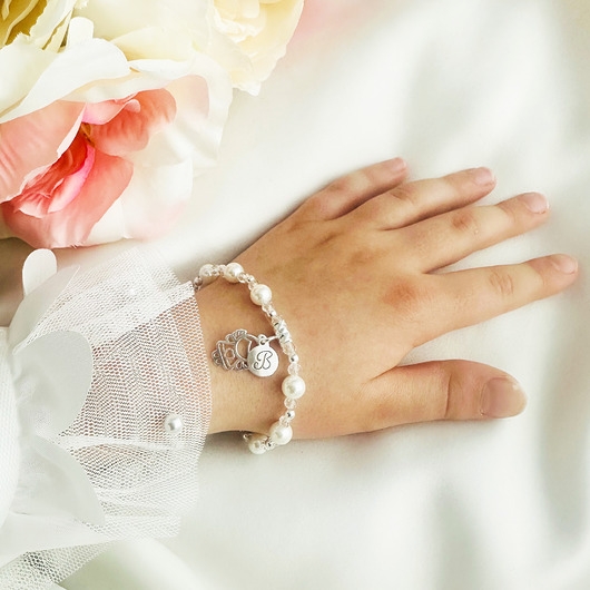 Image of Pakamera Różaniec Bransoletka z inicjałem aniołkiem, prezent KOMUNIA