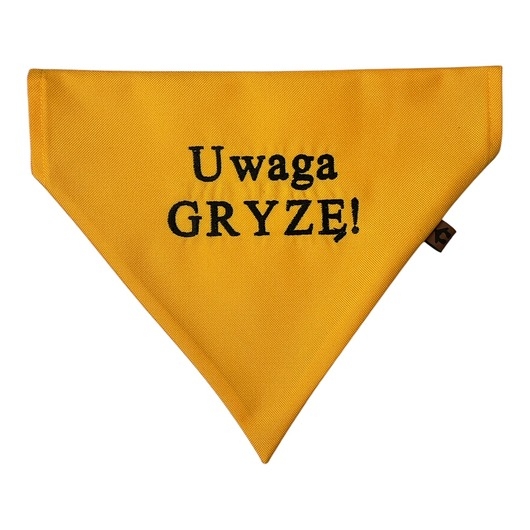 Image of Żółta bandana, chustka, apaszka dla psa Uwaga gryzę!