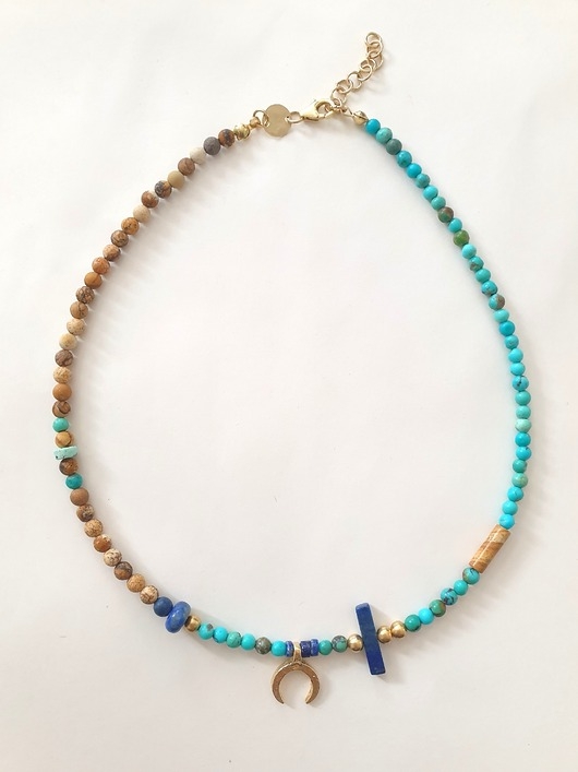 Image of Pakamera Naszyjnik choker HATHOR lunula, turkus, lapis lazuli, jaspis obrazkowy