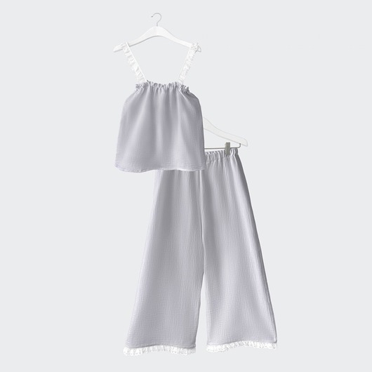 Image of Pakamera Muślinowy zestaw top ze spodniami culotte szary