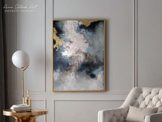 Image of Pakamera PULS ZIEMI Abstrakcyjny obraz ze złotem i srebrem, ręcznie malowany, 70x50 cm