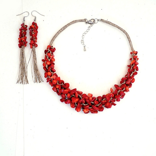 Image of Koral czerwony i len komplet biżuterii