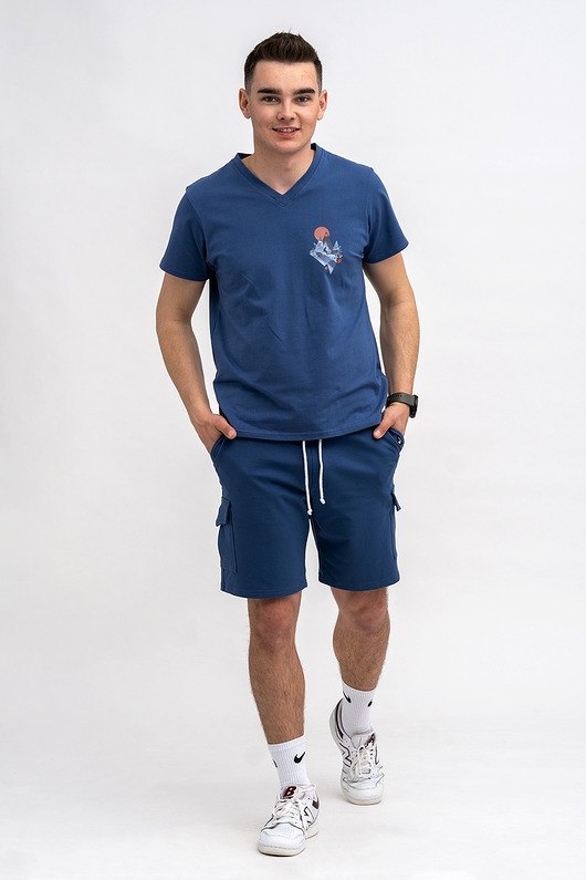 Image of Pakamera T-shirt męski denim do V z nadrukiem