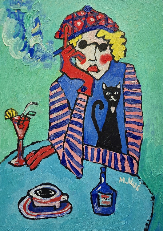 Image of Pakamera Obraz ręcznie malowany kolorowy obraz portret babci i wesołego kotka